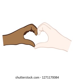 Hand-drawn vector comic hands of a fair-skinned woman and a dark-skinned woman forming a heart and symbolizing love. White, red, blue, purple, heart, isolated graphic.