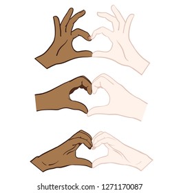 Hand-drawn vector comic hands of a fair-skinned woman and a dark-skinned woman forming a heart and symbolizing love. White, red, blue, purple, heart, isolated graphic.