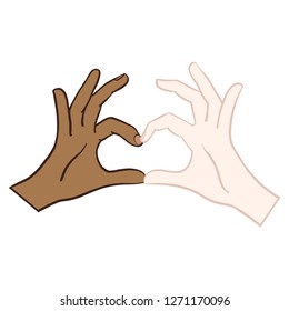 Hand-drawn vector comic hands of a fair-skinned woman and a dark-skinned woman forming a heart and symbolizing love. White, red, blue, purple, heart, isolated graphic.