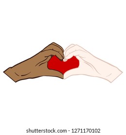 Hand-drawn vector comic hands of a fair-skinned woman and a dark-skinned woman forming a heart and symbolizing love. White, red, blue, purple, heart, isolated graphic.