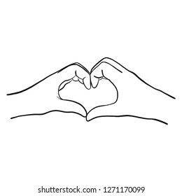 Hand-drawn vector comic hands of a woman shaping a heart and symbolizing love. Red heart, white hands, isolated graphic.