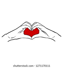 Hand-drawn vector comic hands of a woman shaping a heart and symbolizing love. Red heart, white hands, isolated graphic.