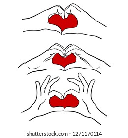 Hand-drawn vector comic hands of a woman shaping a heart and symbolizing love. Red heart, white hands, isolated graphic.