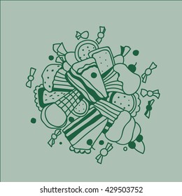 Hand-drawn vector composition of sweet cake slices, sweets, biscuits and various cakes on the green background. Vector sweets design.