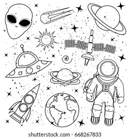 Hand-drawn vector concept space - astronaut, planet, ufo, aliens, spaceships