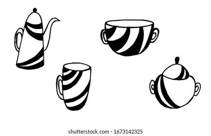 Hand-drawn vector Cookware Set Illustration. Cutlery, cooking, kitchen