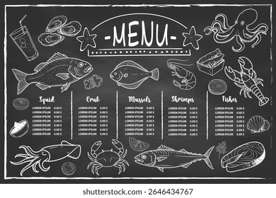 Vector dibujado a mano creado con dibujos de pescado, mejillones y calamares adecuados para el menú de café de mar.