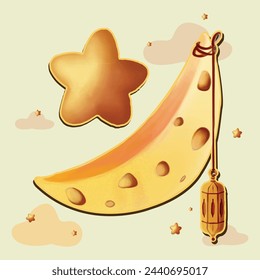 Hand-drawn vector Crescent Moon illustration along with lantern, stars and clouds