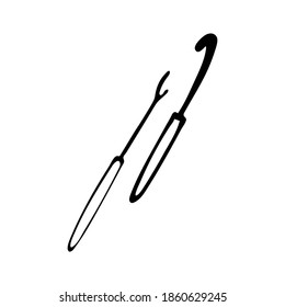 Hand-drawn vector crochet hooks for handmade isolated on white background.
Doodle vector illustration.