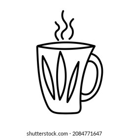 A hand-drawn vector cup in a doodle style with leaves. 