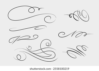 Hand-drawn vector curls, calligraphy and graphics, 2D lines