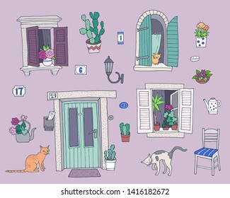 Hand-drawn vector cute architectural elements