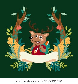 handdrawn vector cute cartoon deer bring bag to school with floral frame