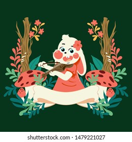 handdrawn vector cute cartoon rabbit with floral frame playing violin