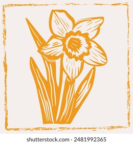 Hand-drawn vector daffodil flower clipart in scandi folk art style in block print style. Simple monochrome linocut illustration.