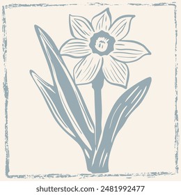 Hand-drawn vector daffodil flower clipart in scandi folk art style in block print style. Simple monochrome linocut illustration.