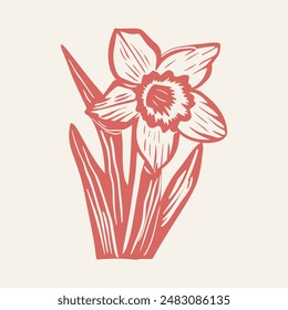 Hand-drawn vector daffodil flower clipart in scandi folk art style in block print style. Simple monochrome linocut illustration.