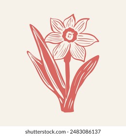 Hand-drawn vector daffodil flower clipart in scandi folk art style in block print style. Simple monochrome linocut illustration.