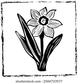 Hand-drawn vector daffodil flower clipart in scandi folk art style in block print style. Simple monochrome linocut illustration.