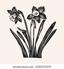 Clipart de flores de narciso de Vector dibujado a mano en estilo escandinavo de arte popular en estilo de impresión en bloque. Ilustración de linograbado monocromo simple.