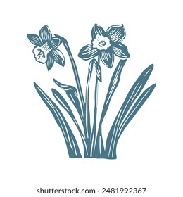 Hand-drawn vector daffodil flowers clipart in scandi folk art style in block print style. Simple monochrome linocut illustration.