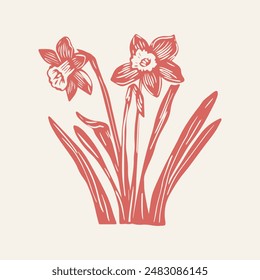 Hand-drawn vector daffodil flowers clipart in scandi folk art style in block print style. Simple monochrome linocut illustration.