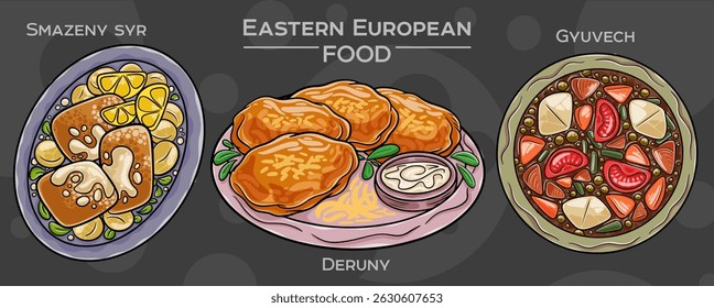 Hand-drawn vector depiction of a popular Eastern European traditional food set, displayed on a dark background