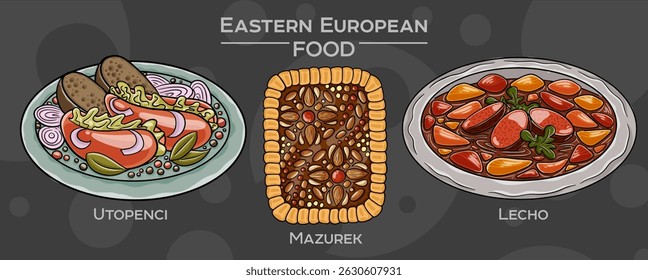 Hand-drawn vector depiction of a popular Eastern European traditional food set, displayed on a dark background