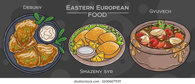 Hand-drawn vector depiction of a popular Eastern European traditional food set, displayed on a dark background