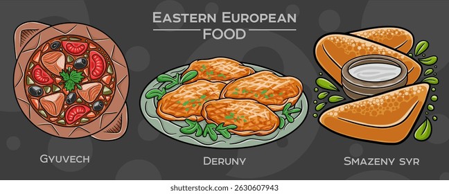 Hand-drawn vector depiction of a popular Eastern European traditional food set, displayed on a dark background