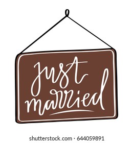 Hand-drawn vector design element for wedding poligraphy. Just married lettering