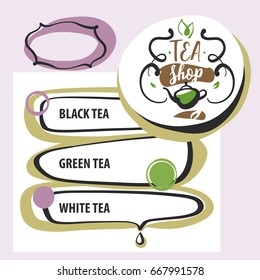 Hand-drawn vector design template corporate identity, logo, poster, banner for tea shop, market, boutique. Sketch image of tea pot with steam and leaf.