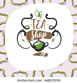 Hand-drawn vector design template corporate identity, logo, poster, banner for tea shop, market, boutique. Sketch image of tea pot with steam and leaf.