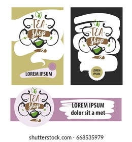Hand-drawn vector design template corporate identity, logo, poster, banner for tea shop, market, boutique. Sketch image of tea pot with steam and leaf.