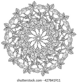 Hand-drawn, vector, detailed mandala, for coloring book, poster design