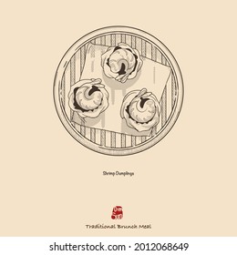 Hand-drawn vector Dim Sum illustration, steamed shrimp dumplings in the bamboo steamer. Vintage style design. Sketched by halftone dots and lines with a single color.