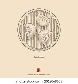 Hand-drawn vector Dim Sum illustration, steamed shrimp dumplings in the bamboo steamer. Vintage style design. Sketched by halftone dots and lines with a single color.