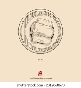 Hand-drawn vector Dim Sum illustration, steamed rice roll in the bamboo steamer. Vintage style design. Sketched by halftone dots and lines with a single color.