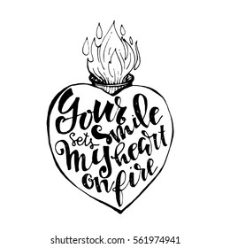 Handdrawn vector diy doodle illustration of heart filled with letters. "Your smile sets my heart on fire". Greetings card template, banner, package, clothes, souvenires. Painted on paper and scanned.