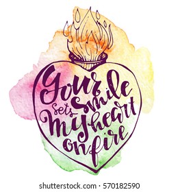 Handdrawn vector diy doodle illustration of heart filled with letters. "Your smile sets my heart on fire". Greetings card template, banner, package, clothes, souvenires. Painted on paper and scanned.