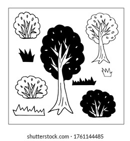 
Un doodle de vector dibujado a mano en blanco y negro de plantas, a saber, árboles caducifolios, arbustos y pasto, que es adecuado para ser utilizado en ilustraciones naturales, huellas infantiles y escenas callejeras.