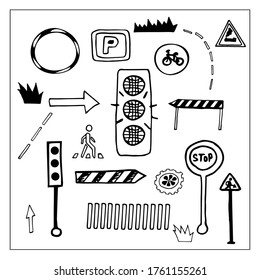 A hand-drawn vector doodle in black and white of road signs, road markings, road signs, traffic lights, which is suitable for use in illustrations of traffic rules, the creation of car symbols, for ch
