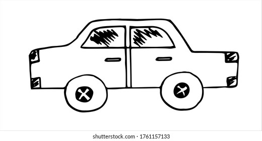 
A hand-drawn vector doodle black and white passenger car that is suitable for use in illustrations of traffic rules, the creation of car symbols, for children's printing, stories on the street.