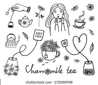 Hand-drawn vector doodle chamomile tea set with teapots and cups,bouquet of chamomile is inserted into a cup,chamomile flowers in tea bag with inscription "keep calm", girl comfortably enjoying tea