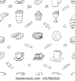 Hand-drawn vector doodle coffee seamless pattern. Useful for packaging, menu design and interior decoration. Illustration on white background. Yummy. Drawn cup of coffee. Tea.