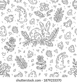 Ilustración de doodle vector dibujado a mano con conejillos, pollos, huevos de Pascua. Patrón de contornos impecable para Pascua. Libro de coloración