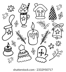 Сute hand-drawn vector doodle illustration with a Christmas theme,  cozy elements that surround us during this wonderful time of the year. Christmas set. perfect for crafting decorations, cards