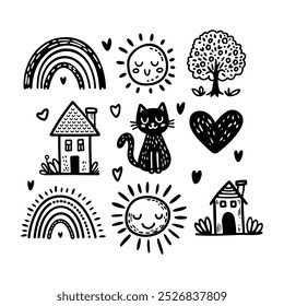 Hand-drawn Vector Doodle Illustration Set with Cute Elements - Rainbow, Sun, Tree, Houses, Cat, and Hearts