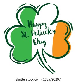 Handdrawn vector doodle illustration for St. Patrick's Day. Shamrock Clover is painted in colors of Irish flag. Greeting card for holiday of Ireland. Line art icon. Orange, green, white colors. 