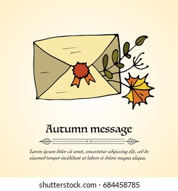 Handdrawn vector doodle logo. Autumn illustration with envelope.